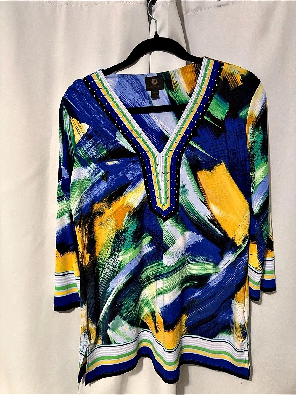 JM Collection Abstract Tunic Top in Blue & Green Size Medium Like New